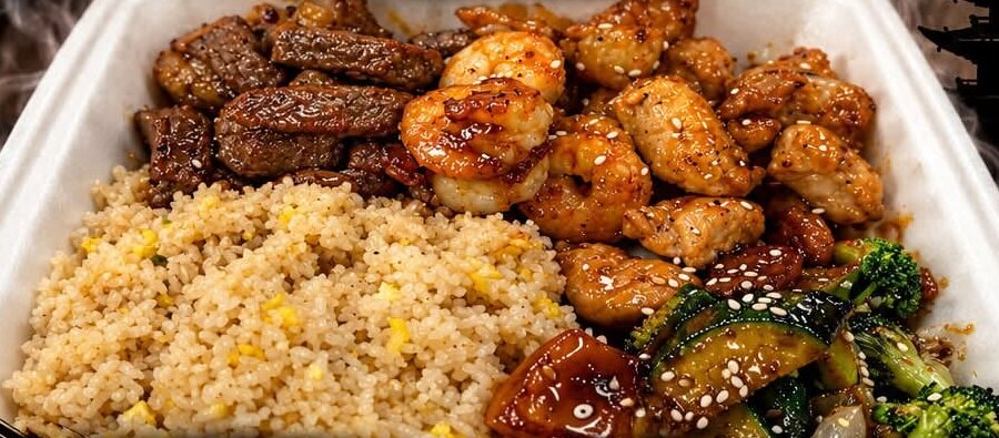 Duwa Hibachi take-out box with hibachi steak, shrimp, chicken, egg fried rice and vegetables